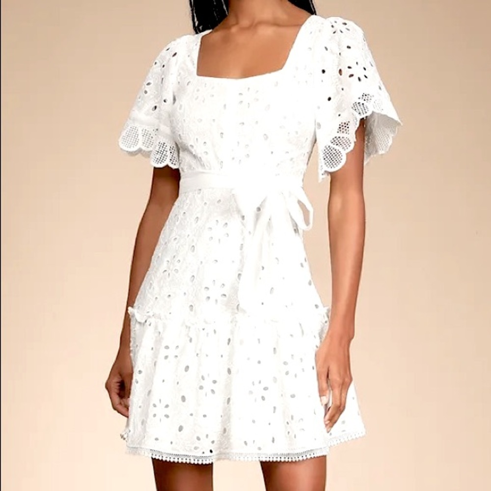 LULU’S White Eyelet Cotton Short Sleeve Mini Dress